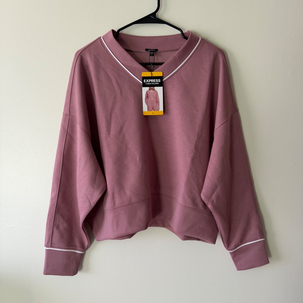 Express Womens Mauve V-Neck Pullover Sweatshirt, Medium, Pink White Piping